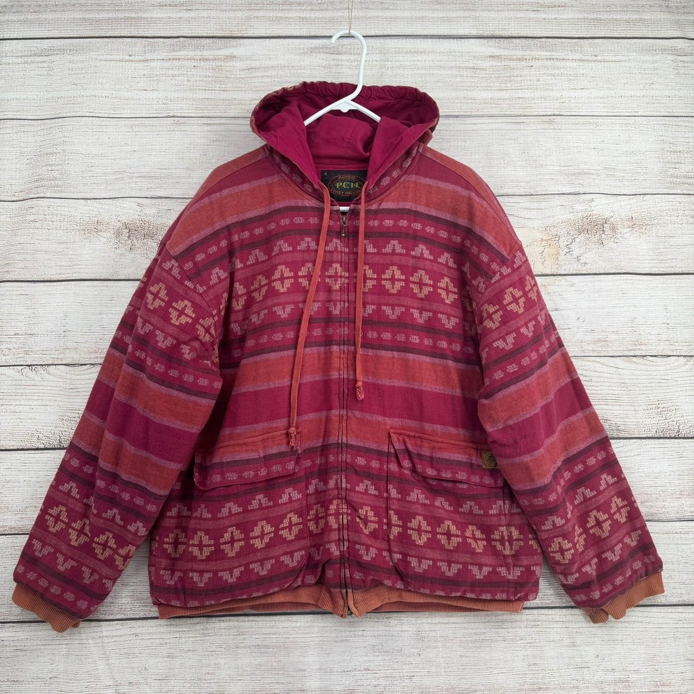 Vintage PCH Hooded Jacket Womens L Red Pink Southwestern Pacific Coast Highway